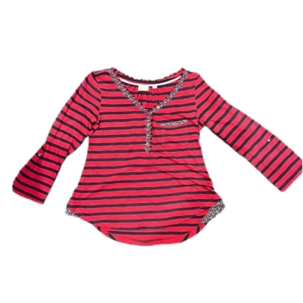 Anthropologie Postmark red and blue stripe floral trim henley top, size medium - Picture 4 of 9